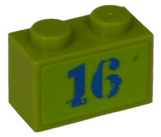 Lego Brick 1 x 2 with Blue '16' Pattern (Sticker) - Set 8191 / Lime
