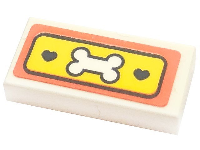 Lego Tile 1 x 2 with White Bone, Black Hearts and Outline on Yellow Background with Coral Border Pattern (Sticker) - Set 41738 / White