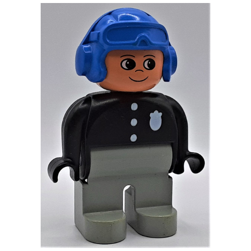 Lego Duplo Figure, Early, Aviator Hat Blue, Light Gray Legs, 3 Buttons and Badge Print / Black