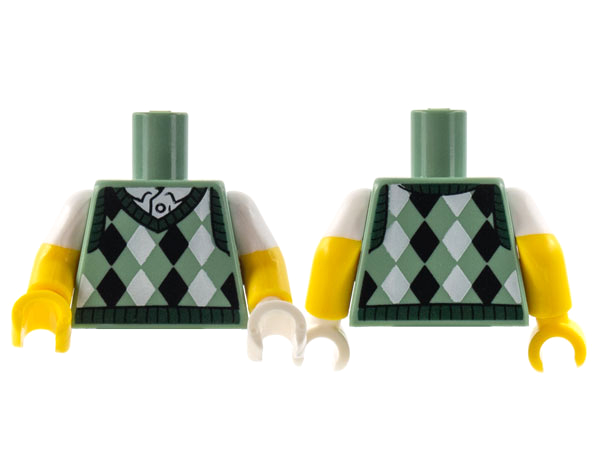 Lego Torso Knit Argyle Sweater Vest with Dark Green Collar over White Shirt Pattern / Yellow Arms with Molded White Short Sleeves Pattern / White Hand Left / Yellow Hand Right