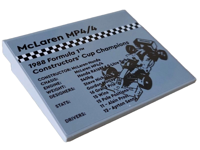 Lego Slope 10 6 x 8 with Black and White Checkered Bar, 'McLaren MP4/4' Image and '1988 Formula 1 Constructors' Cup Champions' Pattern (Sticker) - Set 10330 / Light Bluish Gray