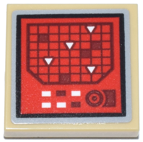 Lego Tile 2 x 2 with Red Console Screen, Dark Red Grid, White Triangles and Buttons, Light Bluish Gray Border Pattern (Sticker) - Set 75435 / Tan