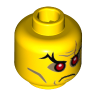 Lego Minifig Head Evil Wizard, Red Sunken Eyes, Eyebrows, Scar over Left Eye, Cheek Lines and Wrinkles Print