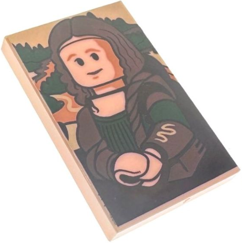 Lego Tile 2 x 3 with Painting of Minifigure with Green Dress, Dark Brown Hair and Robe Pattern (Mona Lisa)