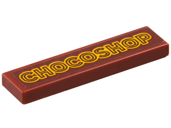 Lego Tile 1 x 4 with Bright Light Orange 'CHOCOSHOP' Pattern (Sticker) - Set 910039