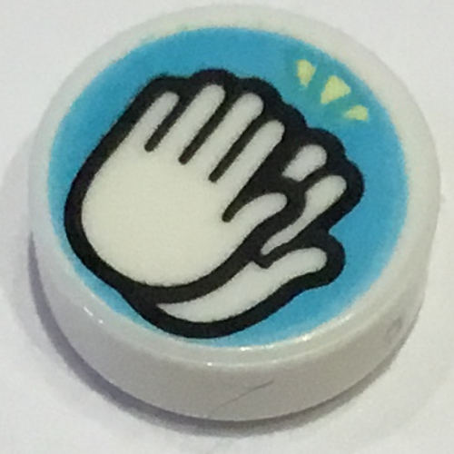 Lego Tile Round 1 x 1 with Clapping Hands on Medium Azure Background Print / White