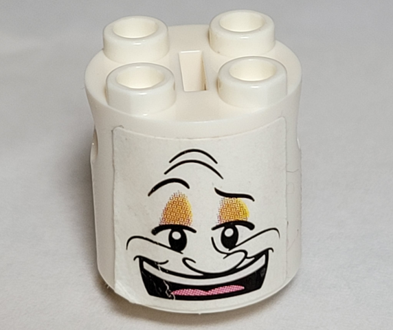 Lego Brick, Round 2 x 2 x 2 Robot Body with Bottom Axle Holder (x Shape / + Orientation) with Open Mouth Smile Lumière {Lumiere} Face Pattern (Sticker) - Set TRULUMIERE