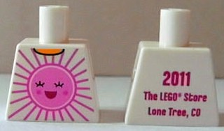 Lego Torso Shirt with Bright Pink and Dark Pink Sun with Face with Red Open Mouth Smile, Yellow Neck, '2011 The LEGO Store Lone Tree, CO' on Back Pattern / White