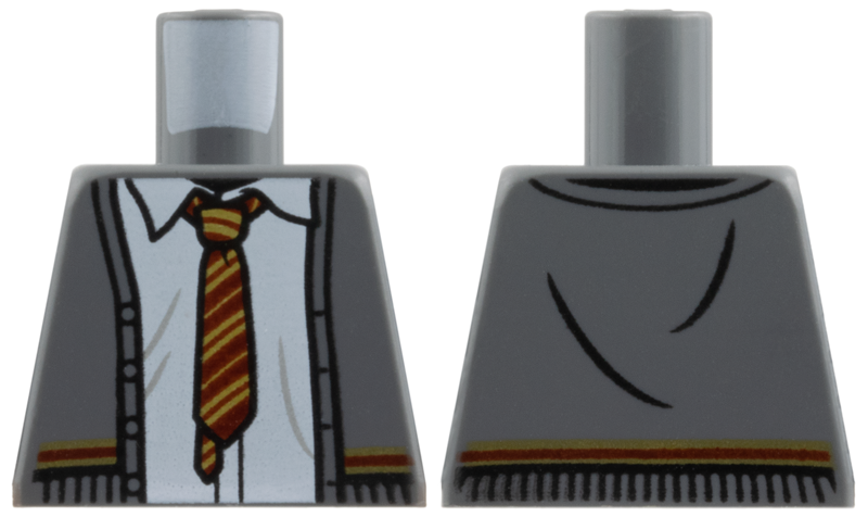 Lego Torso Cardigan Sweater with White Shirt with Wrinkles, Red and Gold Tie and Trim (Gryffindor) Pattern / Dark Bluish Gray