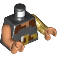 Lego Torso Odd Arms, Pixelated Shirt with Brown and Gold Belt print, Left Pearl Gold Arm, Right Medium Nougat Arm, Medium Nougat Hands / Black