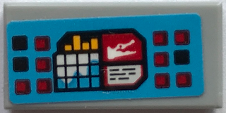 Lego Tile 1 x 2 with Black and Red Buttons, Yellow Bar Graph, Map and White Crocodile on Blue Background Pattern (Sticker) - Set 70907 / Light Bluish Gray