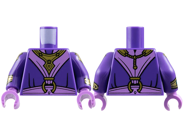 Lego Torso Robe, Medium Lavender V Panel, Sash, Gold Bib Necklace and Clasp Ring Pattern / Dark Purple Arms with Armor and Bracelets Pattern / Medium Lavender Hands