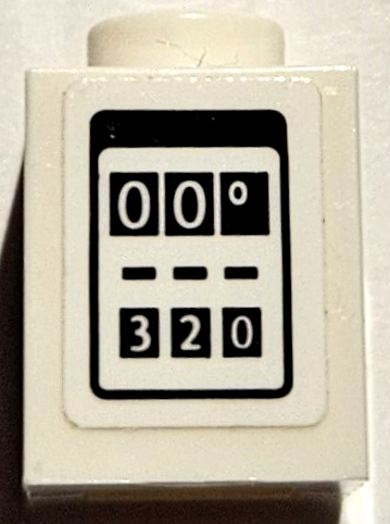 Lego Brick 1 x 1 with Gas / Fuel Pump with '00°' and '320' on Black Rectangles Pattern (Sticker) - Set 75889
