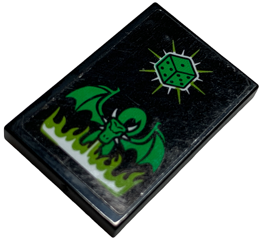 Lego Tile 2 x 3 with Green Die and Dragon Breathing Lime and White Fire Pattern (Sticker) - Set 60291 / Black