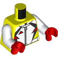 Lego Torso, White Racing Suit, Black Decorations, Red Mountains Logo, Zipper Print, White Arms, Red Hands / Vibrant Yellow