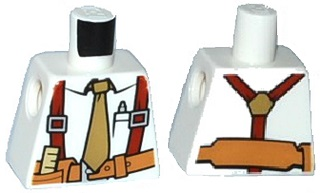Lego Torso Shirt with Tan Tie, Red Suspenders, Brown Belt with Pocket with Ruler Pattern / White
