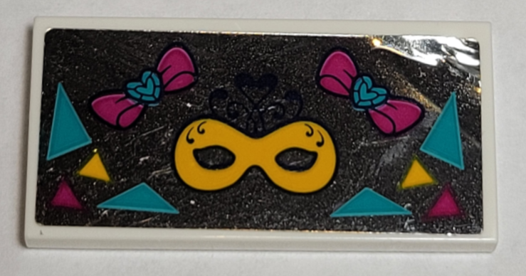 Lego Tile 2 x 4 with Triangles, Bright Light Orange Mask, and Magenta and Dark Turquoise Bows on Mirrored Background Pattern (Sticker) - Set 41344 / White