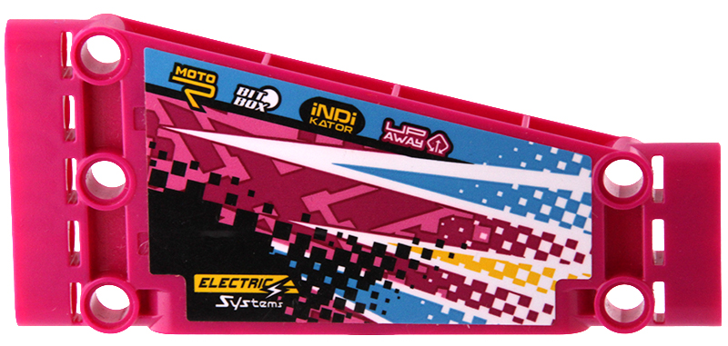 Lego Technic, Panel Plate 5 x 11 x 1 Tapered with 'MOTO R', 'BIT BOX', 'iNDiKATOR', 'UP AWAY', 'ELECTRIC Systems', Dark Azure and Yellow Stripes and Checkered Background Pattern Model Right Side (Sticker) - Set 42124