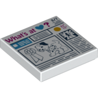 Lego Tile 2 x 2 with Prize Ribbon, Dog and 'What's at Heart?' Newspaper Print