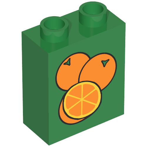 Lego Duplo Brick 1 x 2 x 2 with 3 Oranges Print / Green