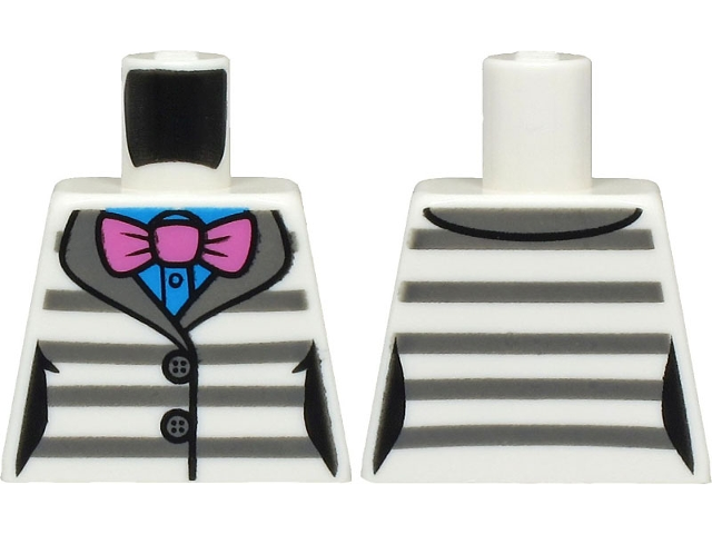 Lego Torso Female Jacket with Dark Bluish Gray Prison Stripes over Dark Azure Shirt, Dark Pink Bow Tie Pattern / White