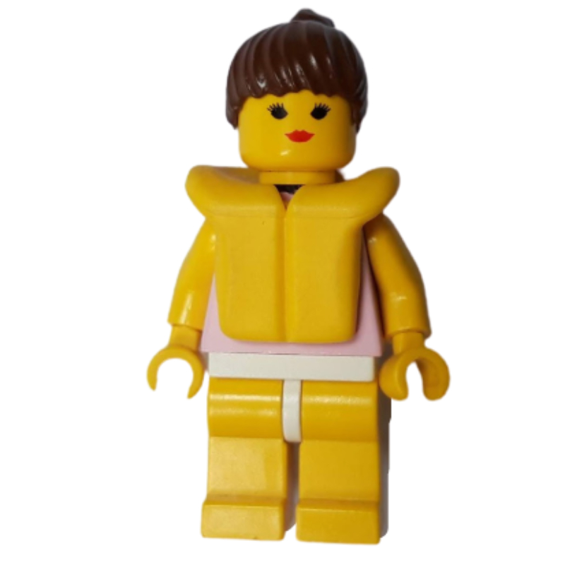 Lego Woman, Pink Swimsuit with Lace Collar, Yellow Life Vest, Brown Hair