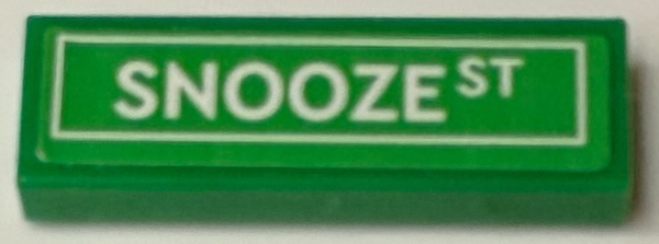 Lego Tile 1 x 3 with Road Sign with White 'SNOOZE ST' Pattern (Sticker) - Set 71461