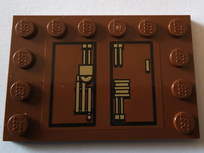 Lego Tile, Modified 4 x 6 with Studs on Edges with Gold Mechanical Pattern Model Left Side (Sticker) - Set 75059 / Reddish Brown