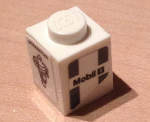 Lego Brick 1 x 1 with 'Mobil 1' and Dark Bluish Gray Markings and 'SCHAEFFLER' with Michelin Logo Pattern Model Right Side (Stickers) - Set 75876 / White