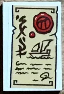 Lego Tile 2 x 3 with Tan Parchment, Red Wax Seal, Reddish Brown Sailing Boat, Writing, Signature and Ninjago Logogram 'SAIL' Pattern (Sticker) - Set 71797
