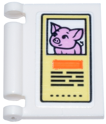 Lego Minifigure, Utensil Book Cover with Bright Light Yellow Sign, Bright Pink Pig, Orange Rectangle, and Black Text Pattern (Sticker) - Set 42615 / White