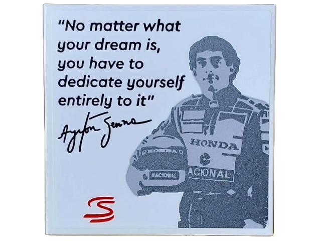 Lego Tile 4 x 4 with Black 'Ayrton Senna' Image, Quote and Signature, Red Logo Pattern (Sticker) - Set 10330