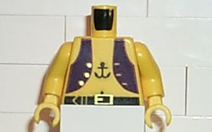 Lego Torso Pirate Dark Purple Vest Open with Gold Buttons, Black Belt with Buckle, Anchor Tattoo, Navel Pattern / Yellow Arms / Yellow Hands