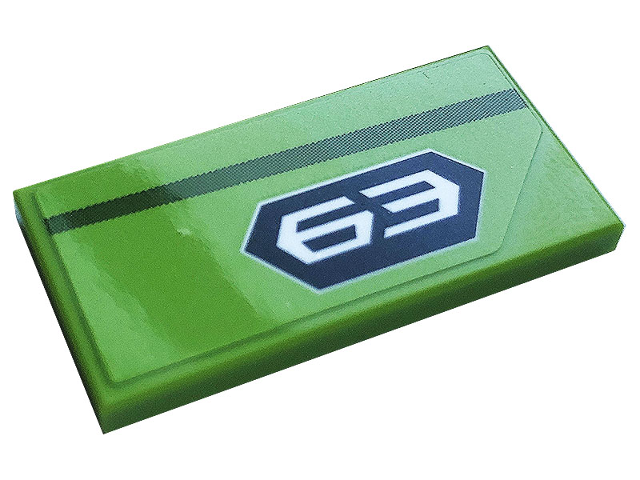 Lego Tile 2 x 4 with Gray Stripe and White '63' on Black Background Pattern Model Right Side (Sticker) - Set 76899 / Lime