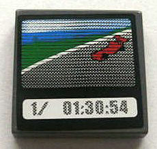 Lego Tile 2 x 2 with Race Car and '1/ 01:30:54' on Screen Pattern (Sticker) - Set 8672 / Dark Bluish Gray