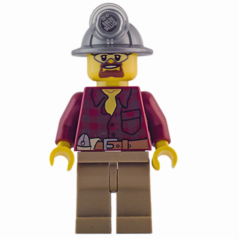 Lego Miner, Dark Red Flannel Shirt, Dark Tan Legs, Mining Hat, Goatee Beard and Goggles