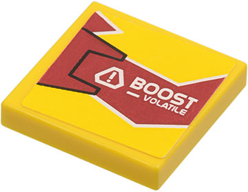 Lego Tile 2 x 2 with 'BOOST - VOLATILE' on Dark Red and Yellow Background with Black Outline on Left Pattern (Sticker) - Set 8113 / Yellow