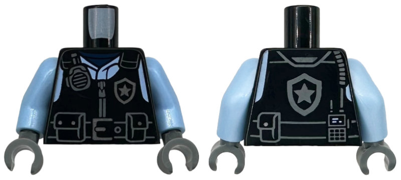 Lego Torso Police Safety Vest, Silver Star Badge Logo, Dark Bluish Gray Radio, Belt with Buckle and Pouches, Bright Light Blue Shirt Pattern / Bright Light Blue Arms / Dark Bluish Gray Hands