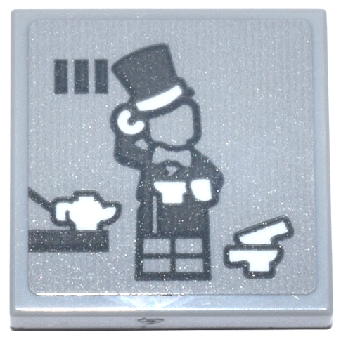 Lego Tile 2 x 2 with Dark Bluish Gray Mad Hatter Minifigure with White Hands, Cups and Teapot in Prison Cell Pattern (Sticker) - Set 76271 / Light Bluish Gray