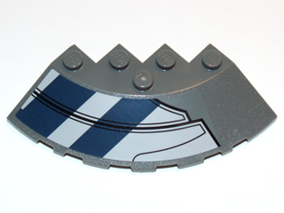 Lego Brick, Round Corner 6 x 6 with Slope 33 Edge, Facet Cutout with Dark Blue Stripes and Black Lines Pattern Model Right (Sticker) - Set 75013 / Dark Bluish Gray