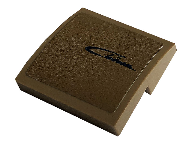 Lego Slope, Curved 2 x 2 x 2/3 with Dark Blue Script 'Chiron' Pattern (Sticker) - Set 42083 / Dark Tan