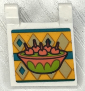 Lego Flag 2 x 2 Square with Flat Edge with Coral Dragon Fruit in Lime Bowl, Tan Diamonds, Bright Light Orange and Dark Turquoise Stripes Pattern (Sticker) - Set 43185