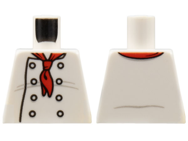 Lego Torso Chef with 8 Buttons, Long Red Neckerchief Scarf, Light Bluish Gray Wrinkles and Back Print Pattern / White
