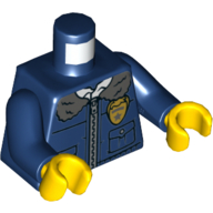 Lego Torso Jacket with Fur Collar, Gold Security Guard Badge Print, Dark Blue Arms, Yellow Hands / Dark Blue