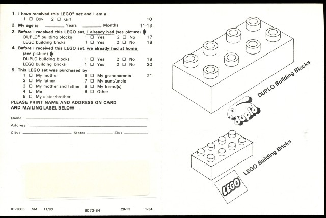 Lego 1983 Insert - Service Card US (6073-84)