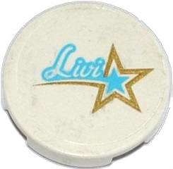 Lego Tile, Round 2 x 2 with Bottom Stud Holder with 'Livi' and Gold and Medium Azure Star Pattern (Sticker) - Set 41105 / White