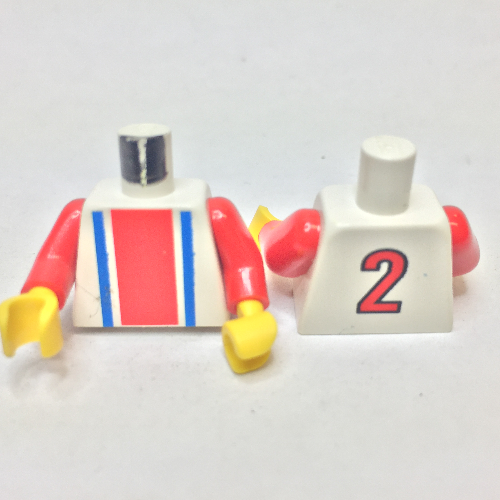 Lego Torso Soccer Shirt, Vertical Striped Red/Blue / '2' Back Print, Red Arms, Yellow Hands / White