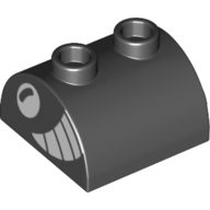 Lego Brick Curved 2 x 2, Two Top Studs with White Eye, Big Teeth Smile print / Black