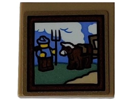 Lego Tile 2 x 2 with Painting of Sand Green and Tan Landscape with Medium Blue Sky, White Clouds, Black Pitchfork, Farmer, Dark Brown Cow and Frame Pattern (Sticker) - Set 10325 / Dark Tan