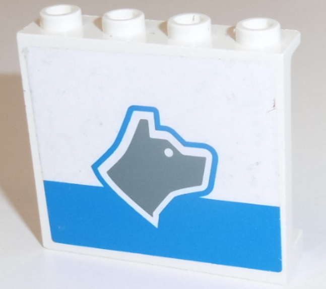Lego Panel 1 x 4 x 3 - Hollow Studs with Dark Gray Dog Head Facing Right and Blue Stripe Pattern (Sticker) - Set 7744 / White